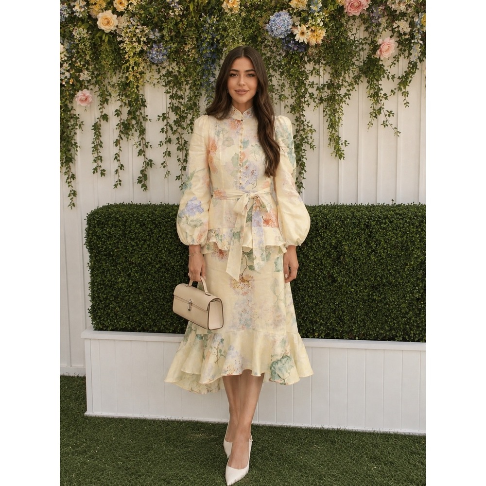 Zimmermann Illuminate Peplum Midi Dress Lemon Hydrangea‎ Size AU 3 NWT